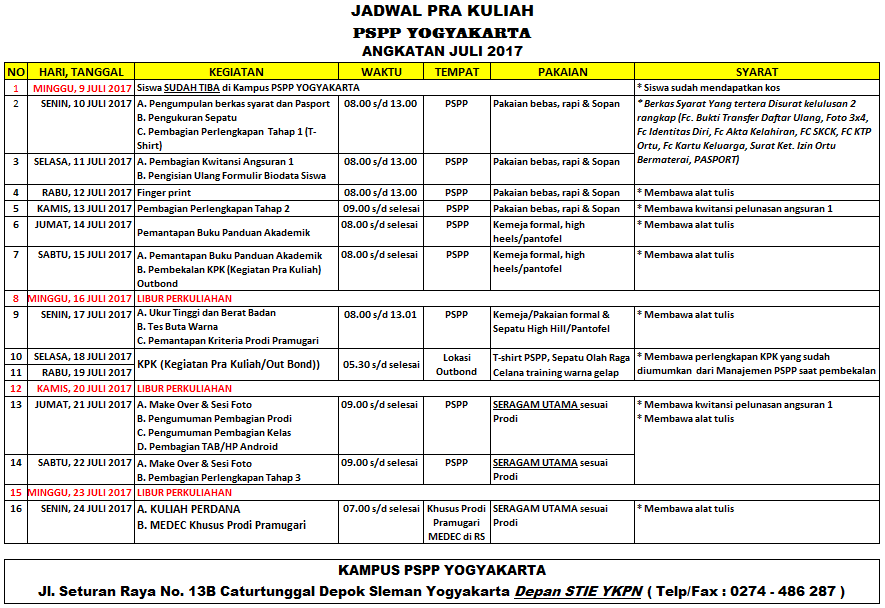 Jadwal Pra Kuliah PSPP Penerbangan Juni 2017