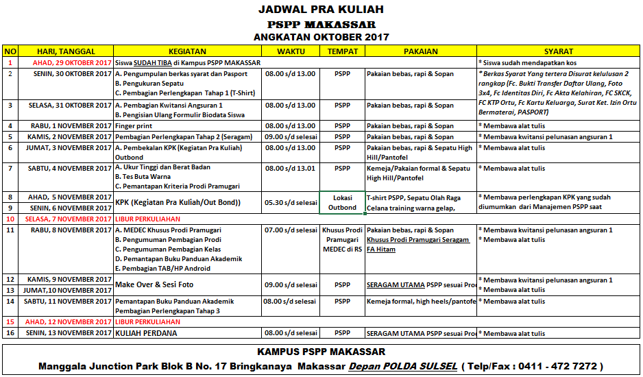 jadwal pra kuliah PSPP angkatan Oktober 2017 PSPP Makassar